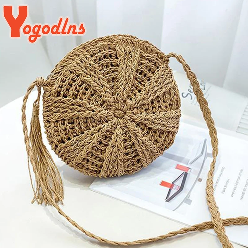 Women Straw Bags Bohemian Rattan Female Beach Handbag Circle Lady Woven Crossbody Bag Handmade Round Kintted Bag bolso