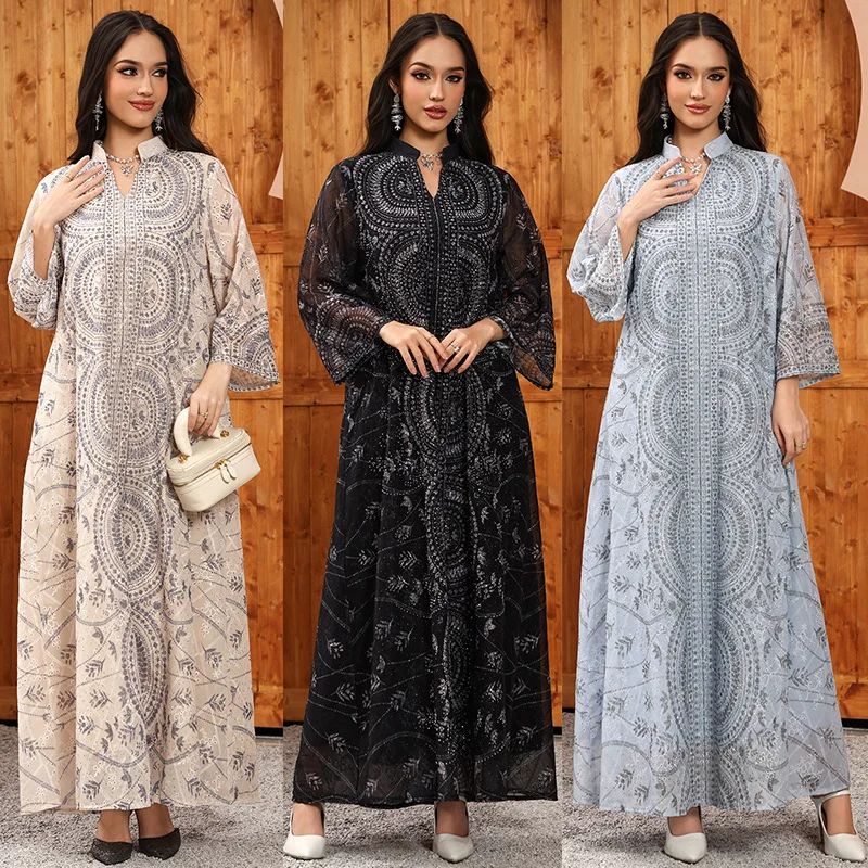 Embroidered Half High Neck Embroidered Loose Ankle Long Sleeve Women's Robe Muslim Eid Al Fitr Evening Dress Travel Party Dress