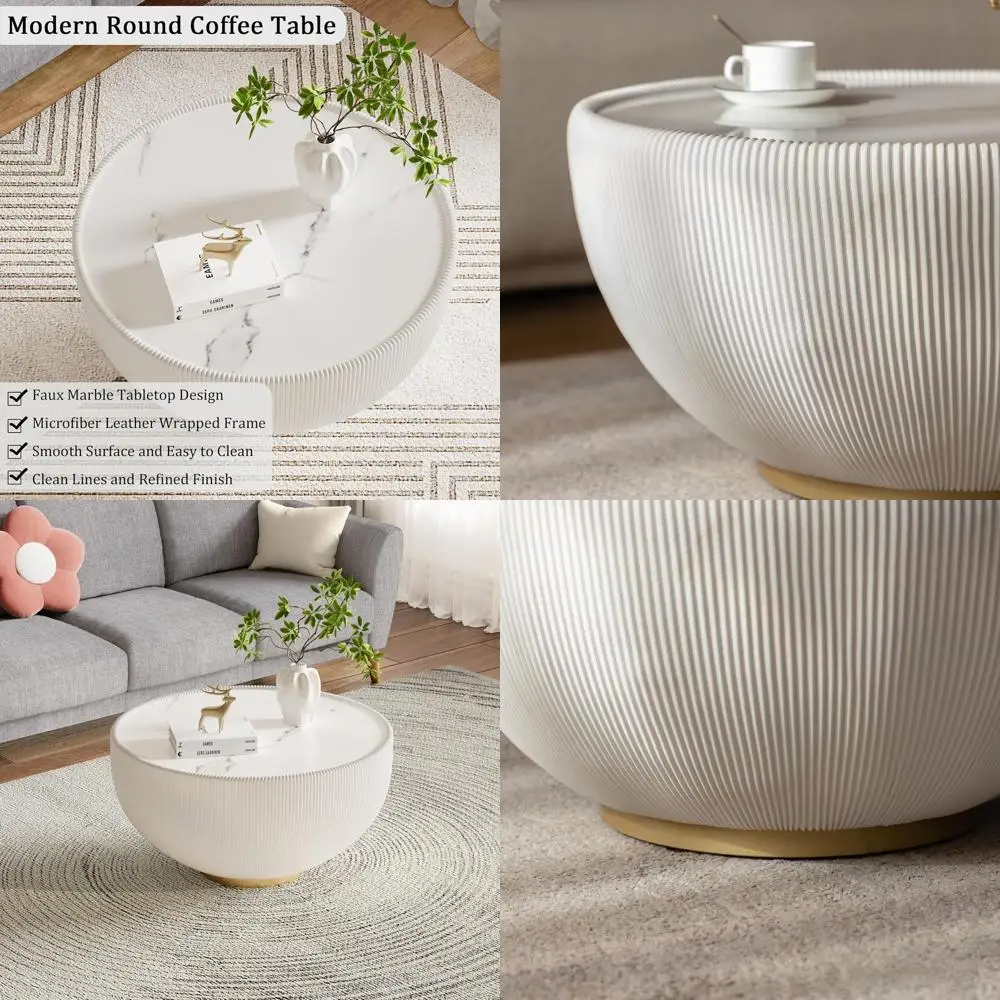 

Round Sintered Stone Top Coffee Table, 27.56 Drum Style with PU Leather and Metal Base, Ideal for Living Room and Cocktail Use
