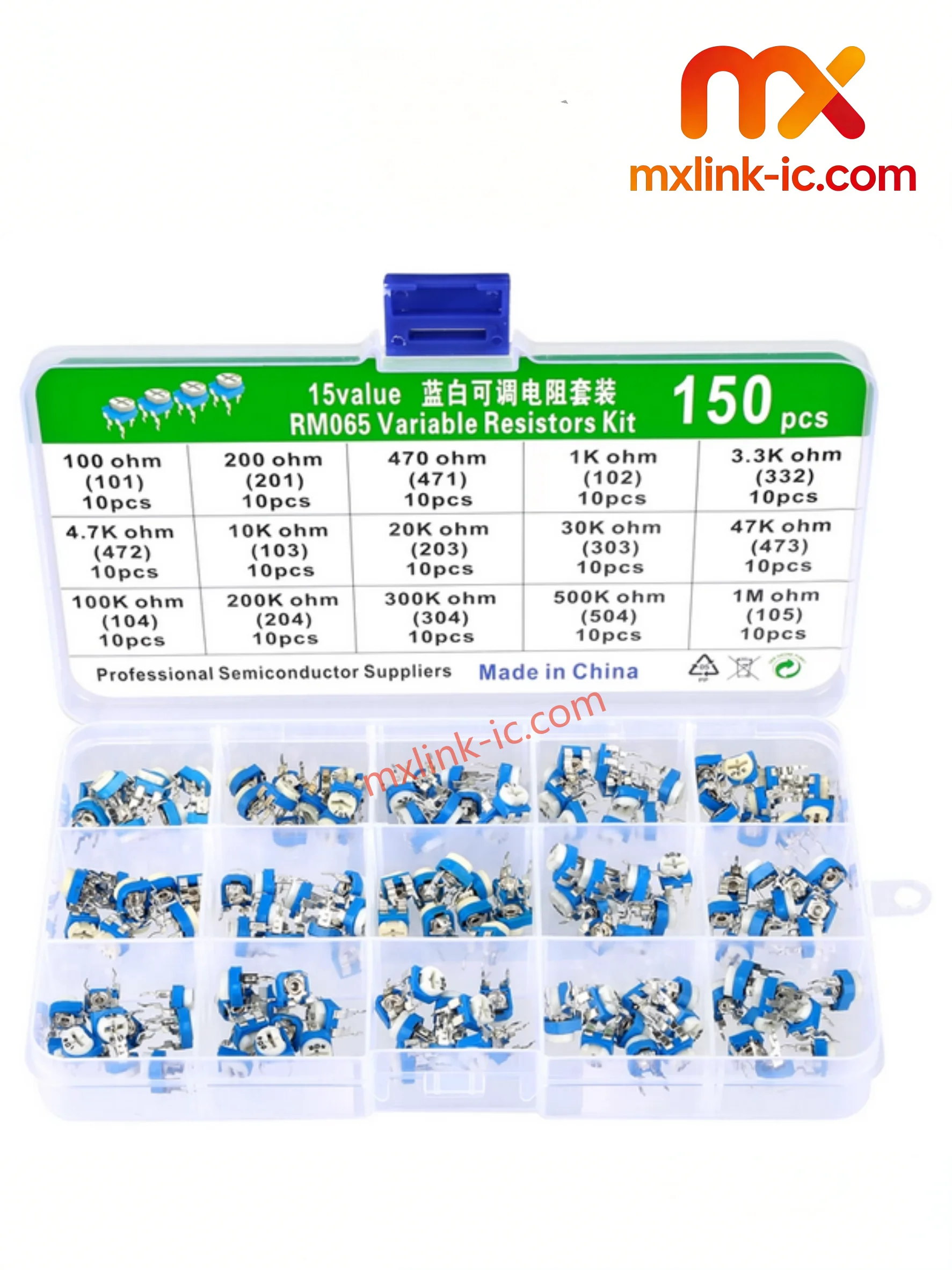 1 Set 15 Specifications 10 Pcs Each Total 150 Pcs RM065 Horizontal Blue White Trimmer Potentiometer Kit With Box