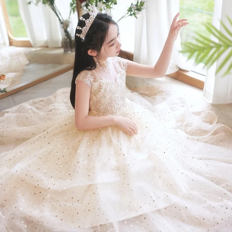 Flower Girl's Fluffy Gaze Dress, Evening Little Host, vestidos para piano, vestido de baile, Walk Show, novo, primavera