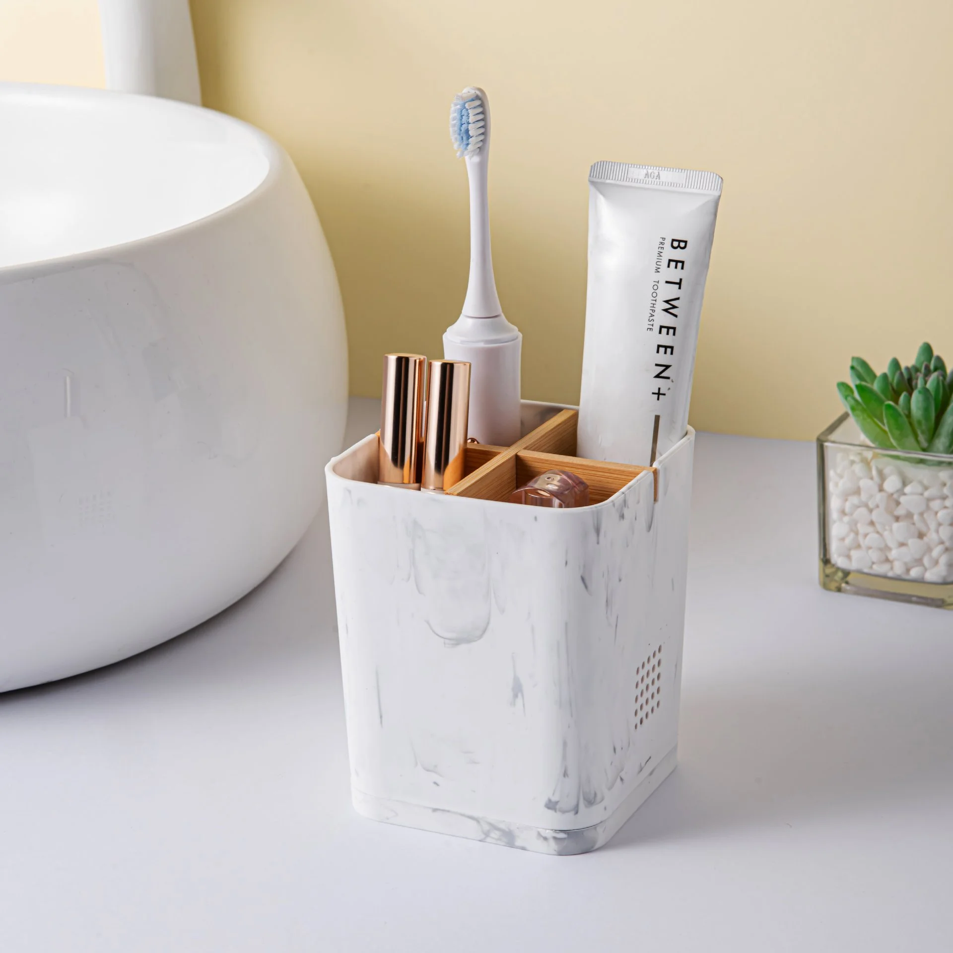 QA 4-Slot Toothbrush Holder Bathroom Organizer with Drain Tray, Marble Toothpaste Storage Box, Bamboo Divider Vanity Organizer