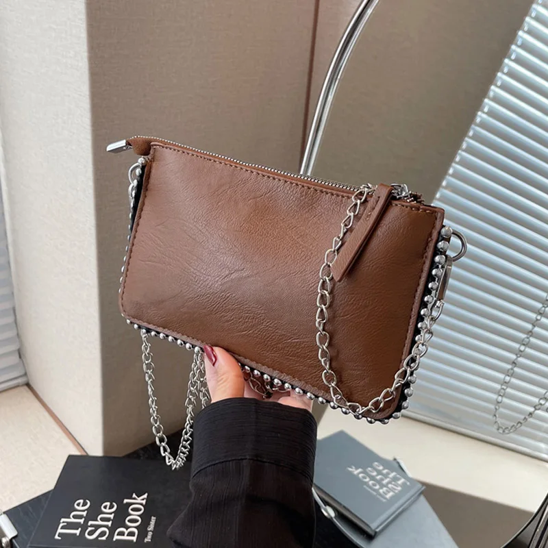 Solid color Black Crossbody Bags For Women Beading Chain Mobile Phone Purses Fashion Shoulder Messenger Bag