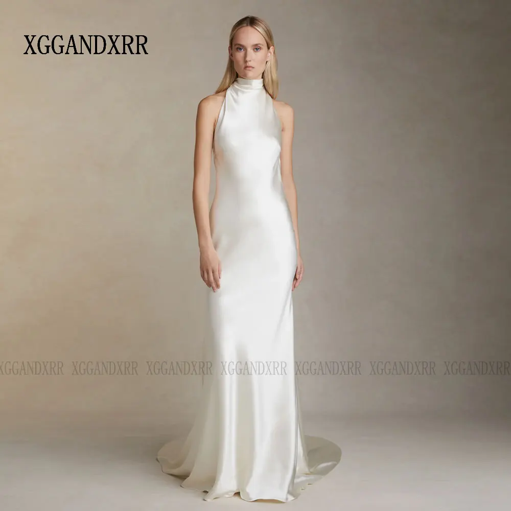 Customized Halter Fitted Wedding Dress 2026 Satin Low Open Back Mermaid Bridal Gown Sweep Train After Party Woman Bride Formal