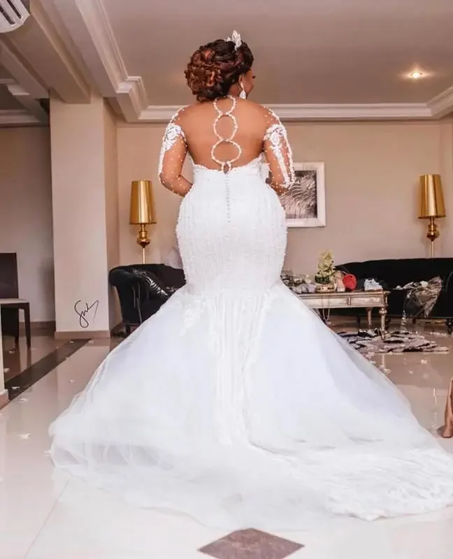 Customized Luxury Gowns Beading Mermaid Wedding Dresses Long Sleeve Appliques Pearls African Plus Size Bridal Vestido Noiva 2024