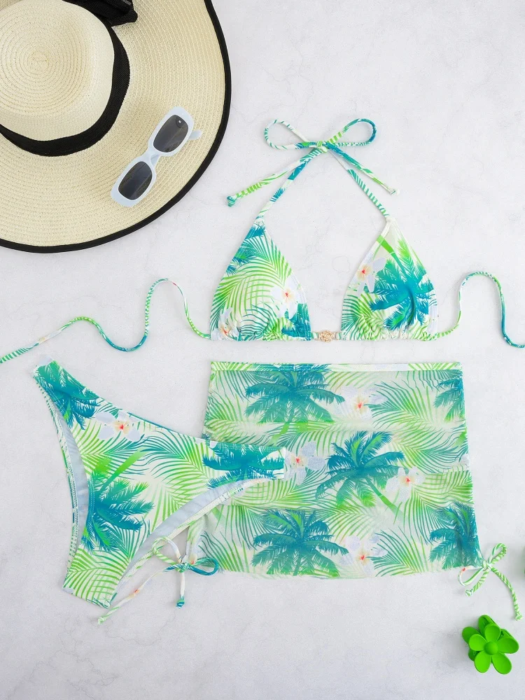 

Bikini Women Swimsuit 2025 New Green Halter Print Sexy Bikinis Set Sexy High Waist Swimwear Summer Beachwear Bathing Suit Female