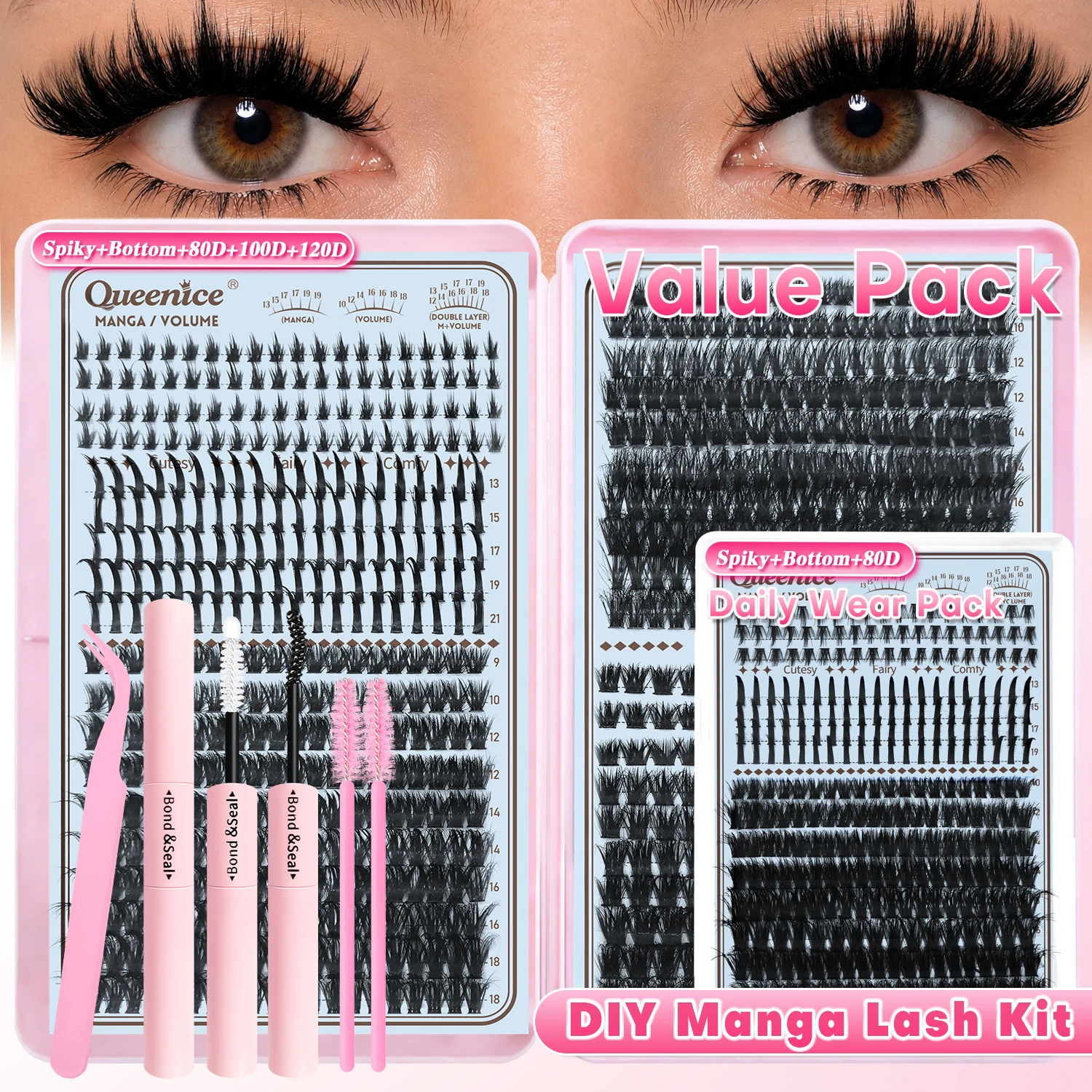 Manga Volume Lash Kit, Spiky Bottom Lash Clusters, DIY Eyelash Extensions, 80D 100D 120D, Soft Thin Band, Gift for Her