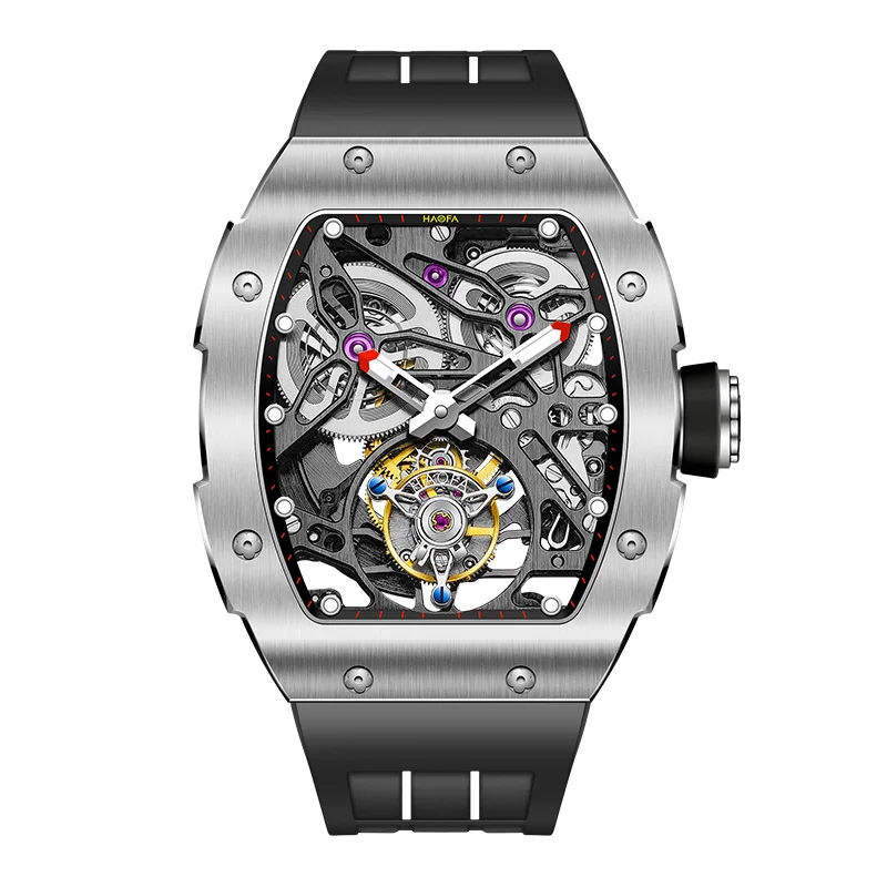 Haofa Tourbillon Watch Skeleton Automatic Movement Tonneau Sapphire Luminous Mechanical Wristwatch Men Double Spring Drive 1908