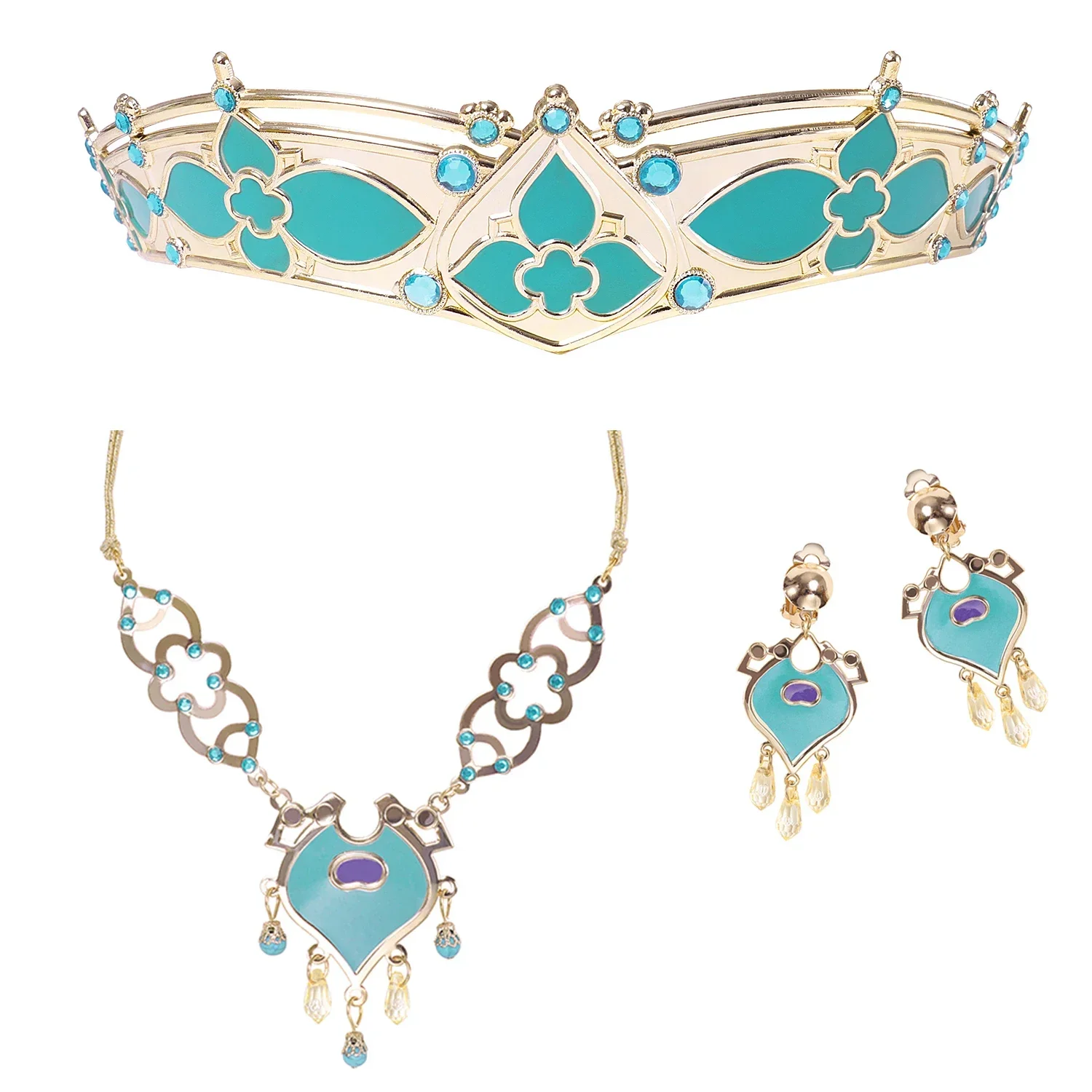 Jasmine-Ensemble de bijoux pour filles, accessoires de perruque de lampe d\'Aladdin, couronne, baguette, collier, bracelet, boucles d\'oreilles,