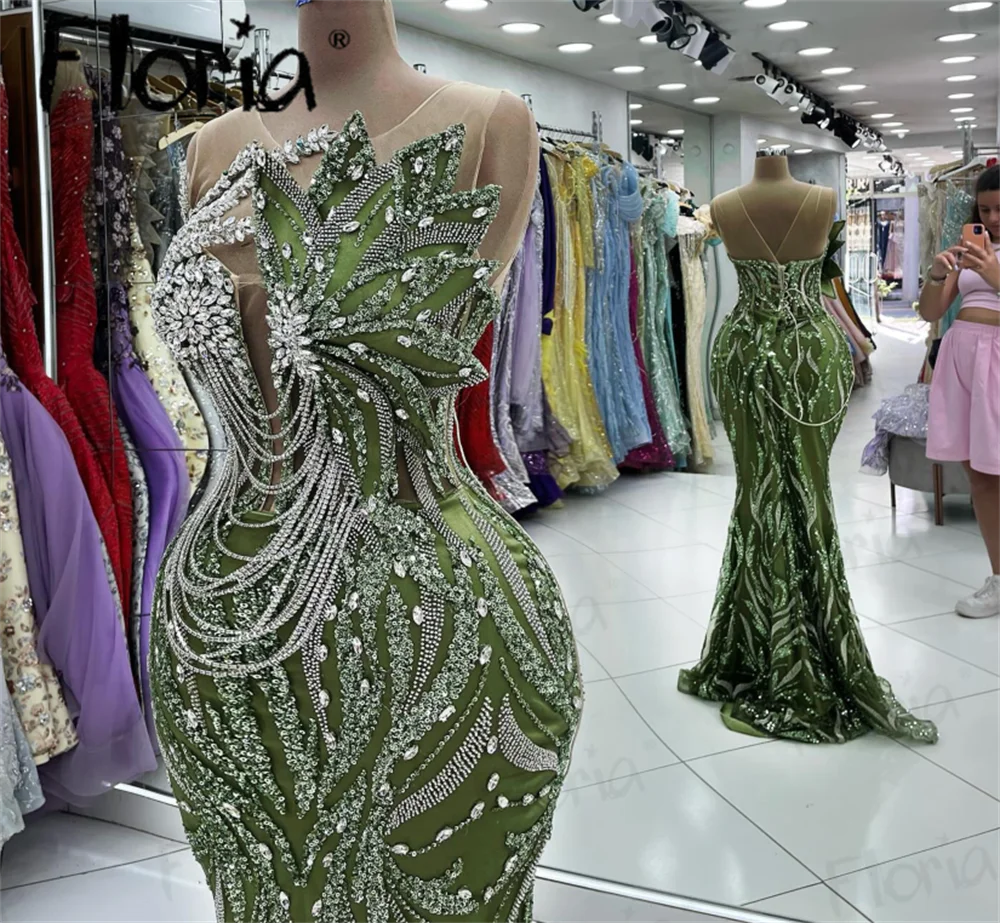 Sage Green O Neck Sleeveless Sequins Party Dress With Rhinestones Mermaid Women Wedding Dress 2024 Bespoke Occasion Dresses