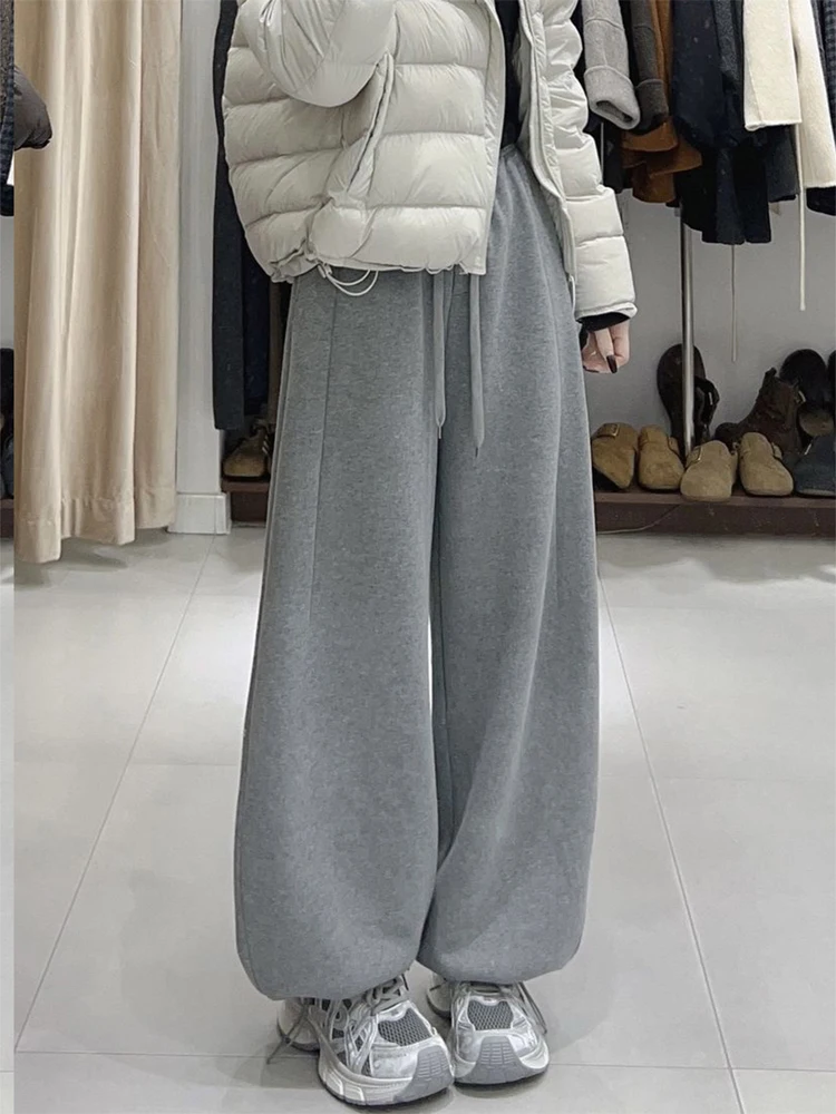 

High Waist Fleece Lined Wide Leg Casual Pants Women's Grey Sports Leisure Trousers Autumn Winter Drapey Straight Cut Pants