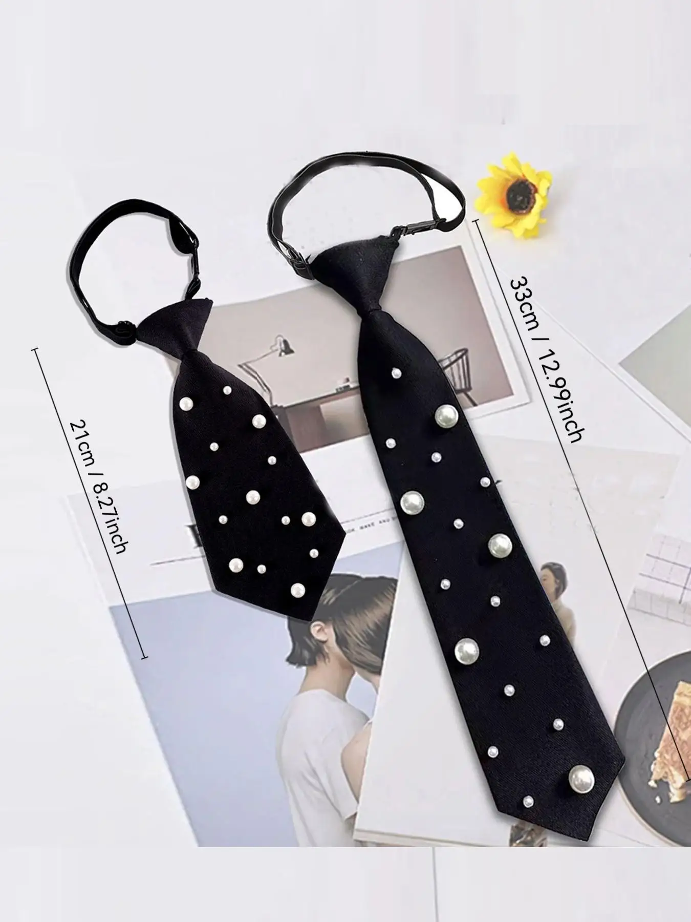 2PCS Women's Simple Pearl Necktie Black Satin Pre-tied Tie Set Elegant Minimalist Shirt Collar Accessories Ladies Gift