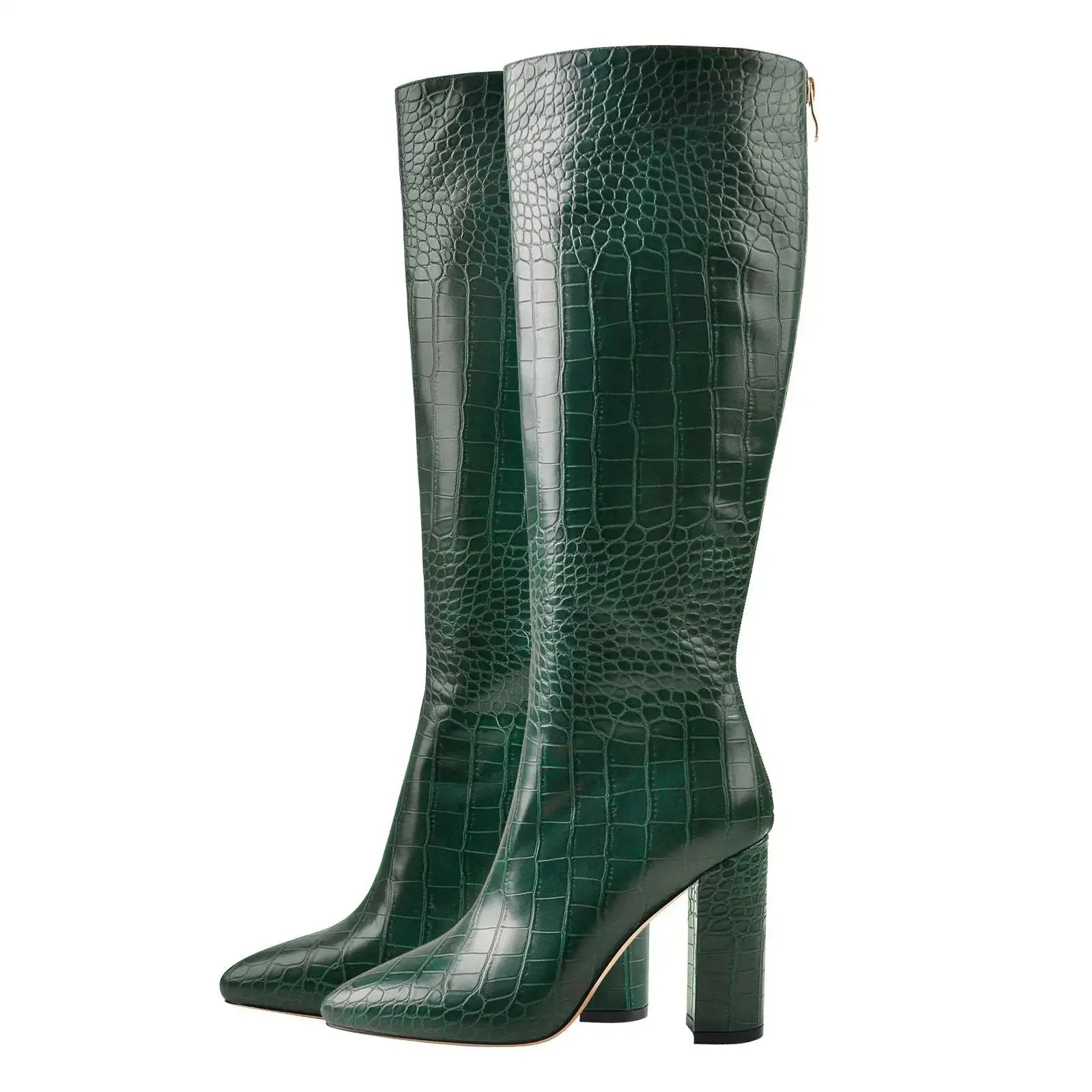 

Green Patent Leather Women Knee High Boots Chunky High Heels Long Ladies Shoes Pointed Toe Botas Mujer Winter Sapatos Feminino