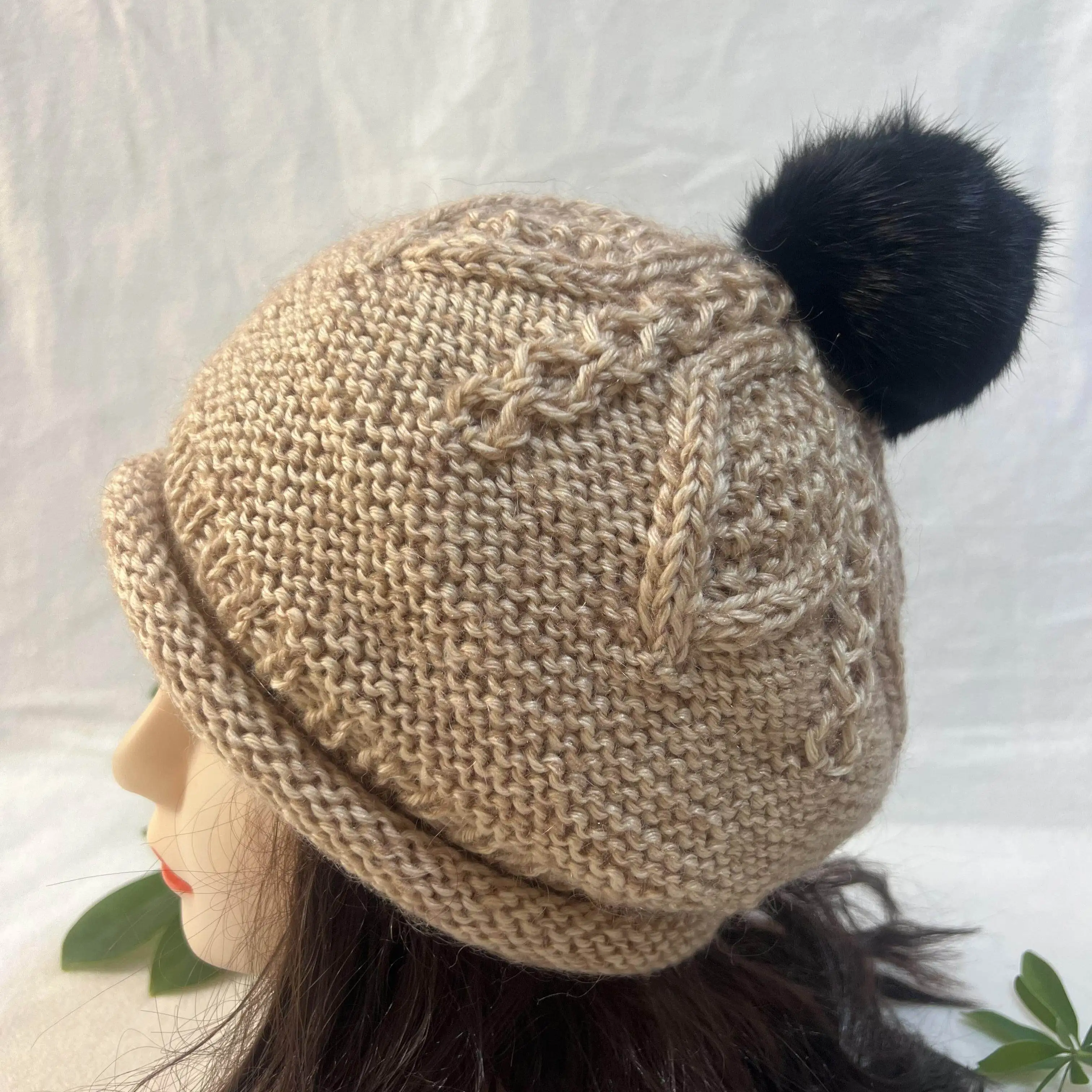 Womens Warm Winter Beret Handwoven Yarn Hat with Rabbit Fur Pompom for Casual Weekend Outfits and Shopping Trips and Daily Walks