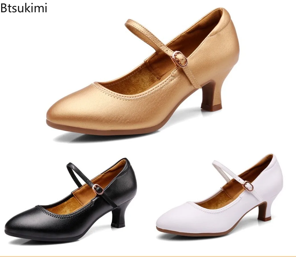 Zapatos de baile estándar para mujer, tacones medios altos, zapatos de baile de vals de salón para mujer, suela exterior blanda, punta cerrada, zapatos de baile de Salsa latina