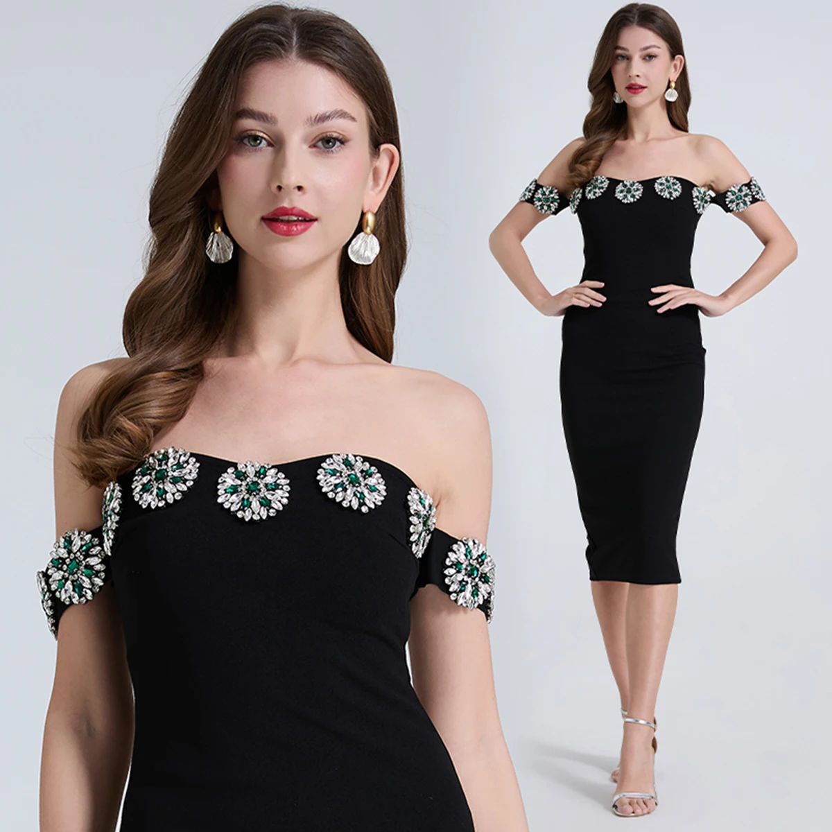 Wein Skirt Lady Women Female French Heavy Industry Nail Gold Style Dress  One Shoulder Diamond Inlaid Slimming and Slit Dresses