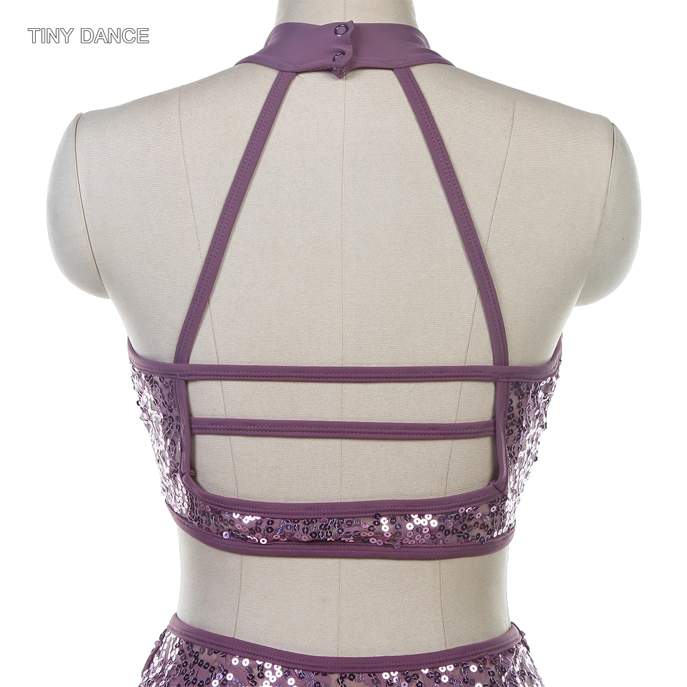 2 in 1 Purple Grey Ballet Lyrical Contemporary Dress Costume Set Sequin Lace Bra Top and Mesh Skirts for Stage Performance 18005