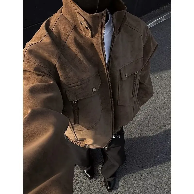 

Men's Autumn Winter Large Size 250 Pou PU Leather Cardigan Jaet Stand Collar American Workwear Sle Long Sve Coat