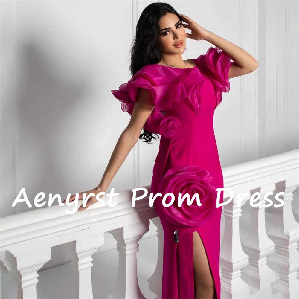 Aenyrst O-Neck 3D Flower Satin Saudi Prom Dresses Mermaid Ruffles Split Evening Gowns For Women Floor Length Formal Party Dress