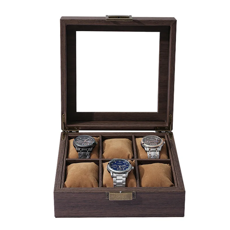 Wood Grain PU Leather Square 6-Bit Watch Storage Collection Display Box High-End Watch Jewelry Storage Box Men Jewellery Box