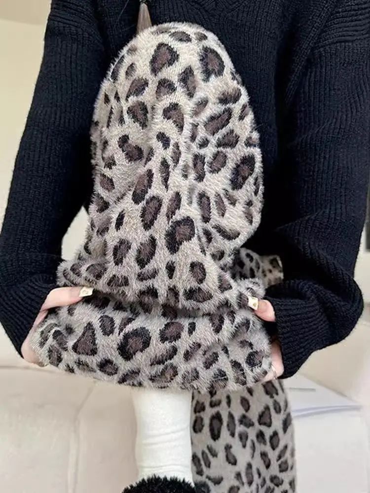 Deep coffee leopard print fleece wide-leg  women's autumn and winter fleece thickened narrow straight  mink fleece casual pants