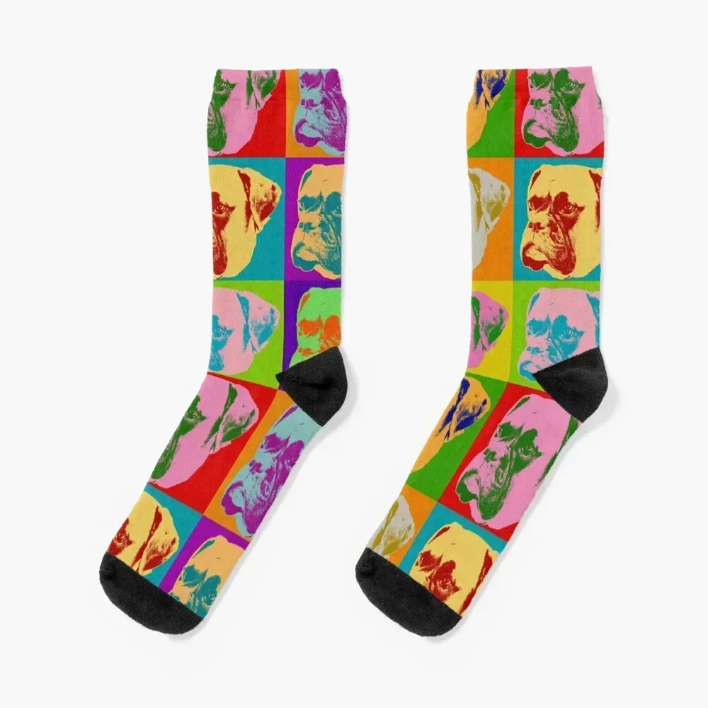 

Boxer Dog Pop Art Retro 90s 80s 70s 60s Bright Colors Unique Love Boxer Dogs Gift idea Socks Rugby Men's Socks Women's