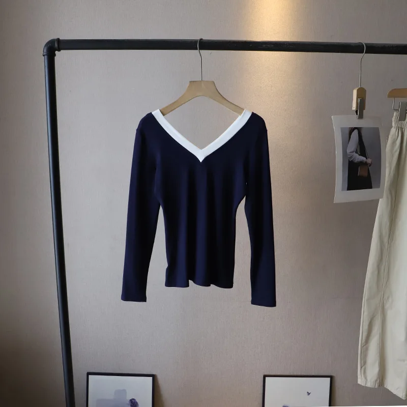 T-shirt a blocchi di colore da donna autunno con scollo a V impiombato a maniche lunghe T-shirt elastiche Coreano Moda casual Base semplice Pullover Top