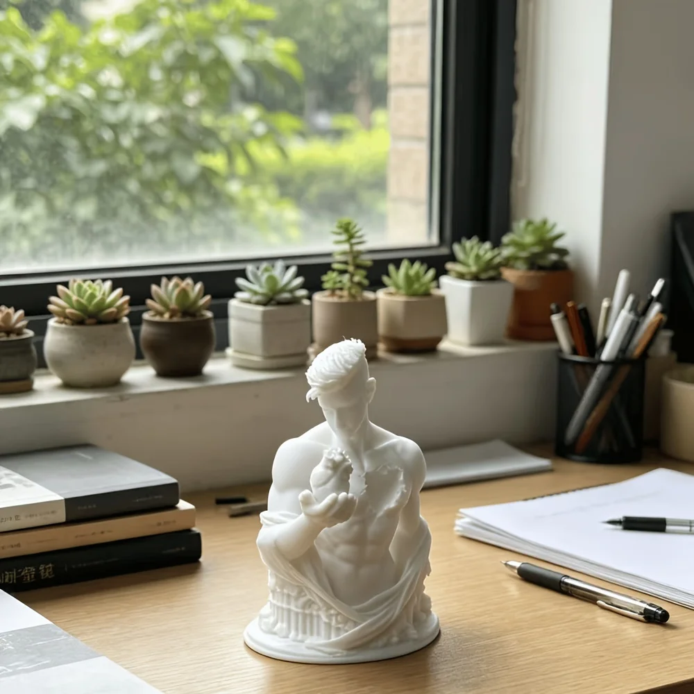 Broken Chest Male Bust Figurines 3D Printed Man Holding Anatomical Heart Sculpture Art Tabletop Decor for Home Office Desk Study