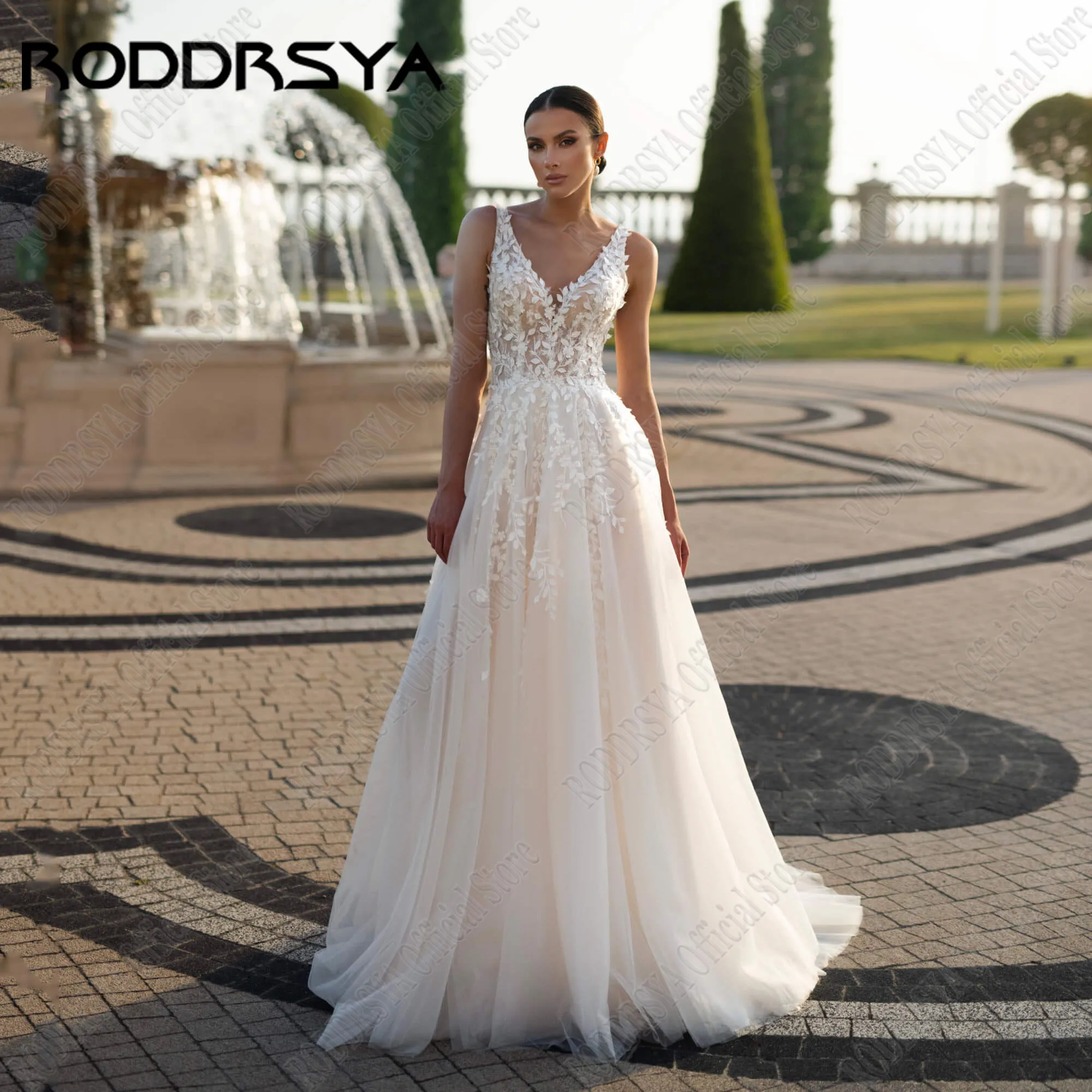 

RODDRSYA Boho Sleeveless V Neck Wedding Dress Bridal A Line Backless Applique Lace Vestidos De Novia 2025 Bride Gowns Customized