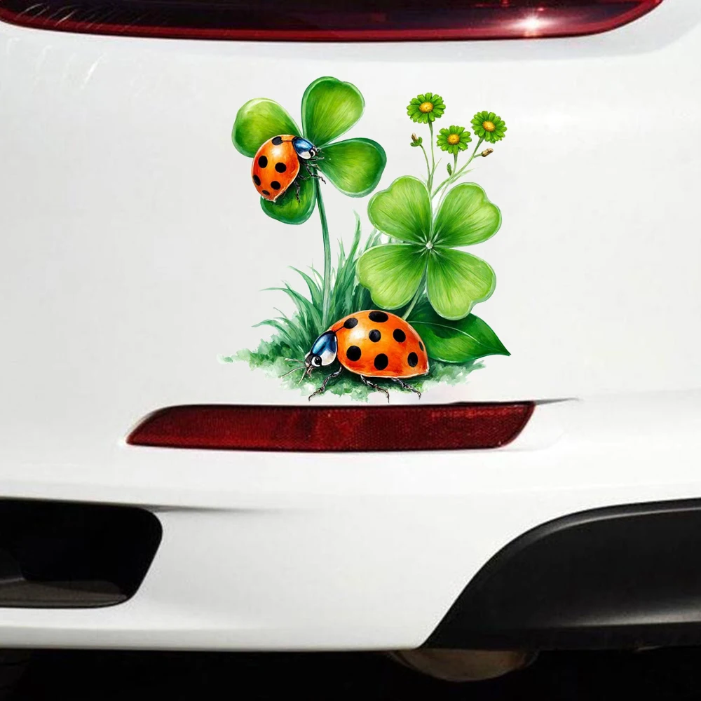 Ladybug & Clover Leaf Self-Adhesive Vinyl Decal, Used for Car Windows, Bumper, Laptops, Waterproof Exterior Car Accessories