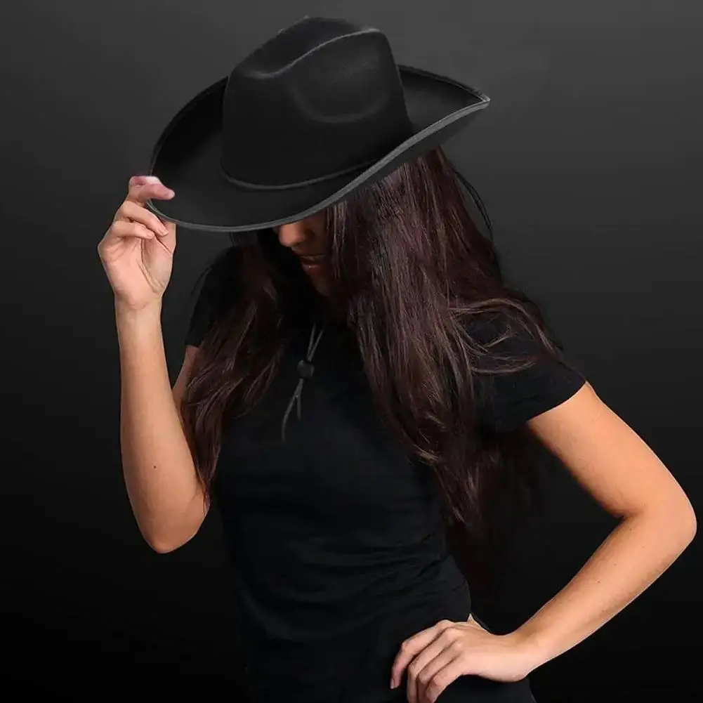 스트링이있는 서양 카우보이 모자 서양식 대형 브림 모자 빈티지 웨딩 카우보이 모자 절묘한 가장자리 장인 정신
