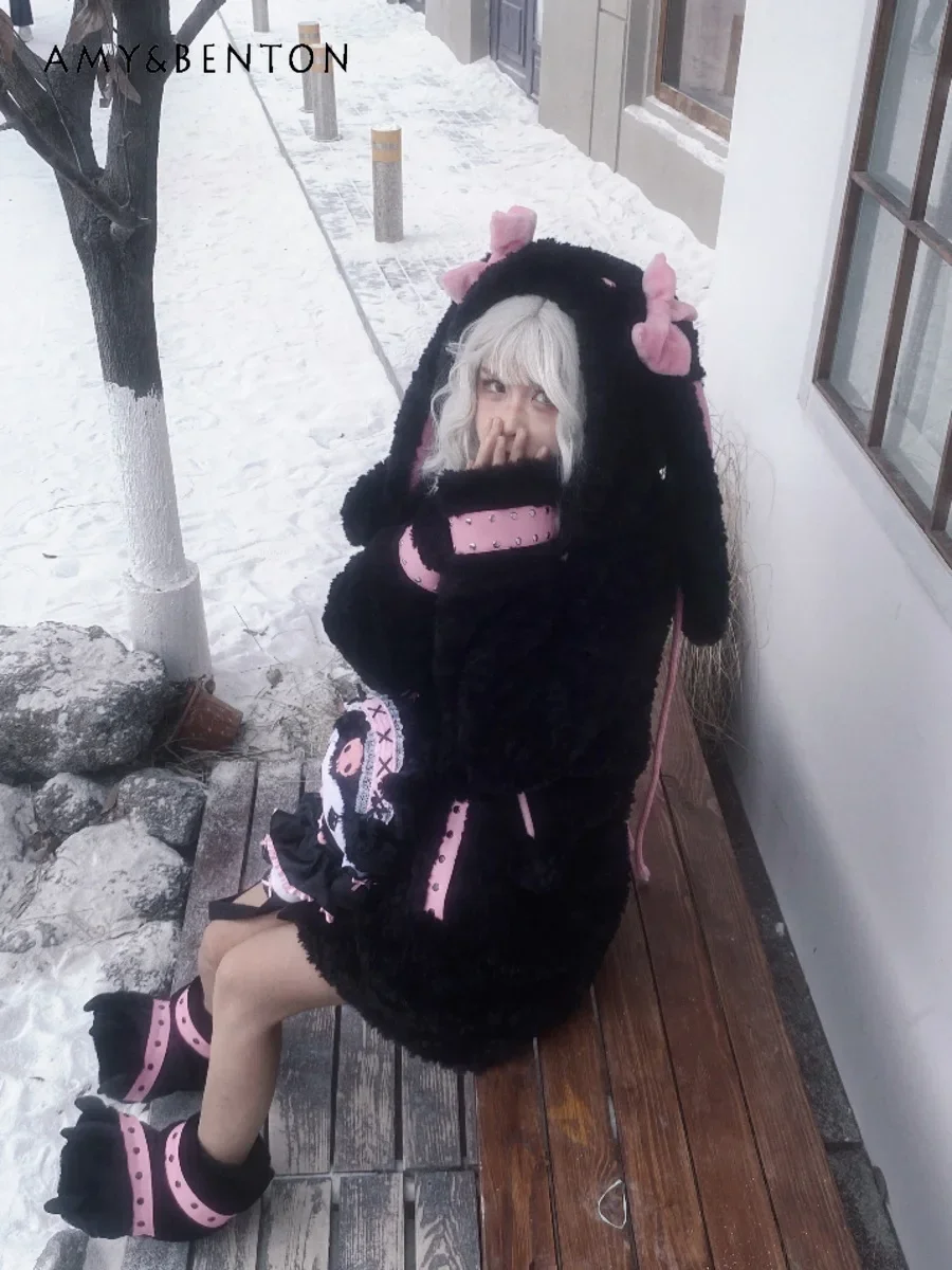 Japanse gotische zoete schattige konijnenoren capuchon pluche jassen voor vrouwen winter nieuwe kawaii boog enkele rij knopen Y2K oversized jas