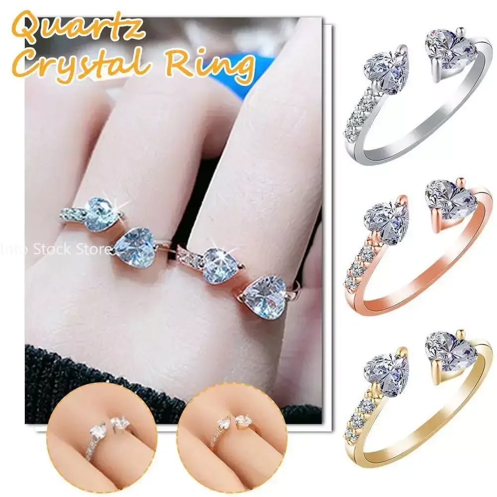 Fashion Double Heart Love Quartz Crystal Ring Quartz Open Ring for Women Therapy for Weight Loss Lymphatic Ring