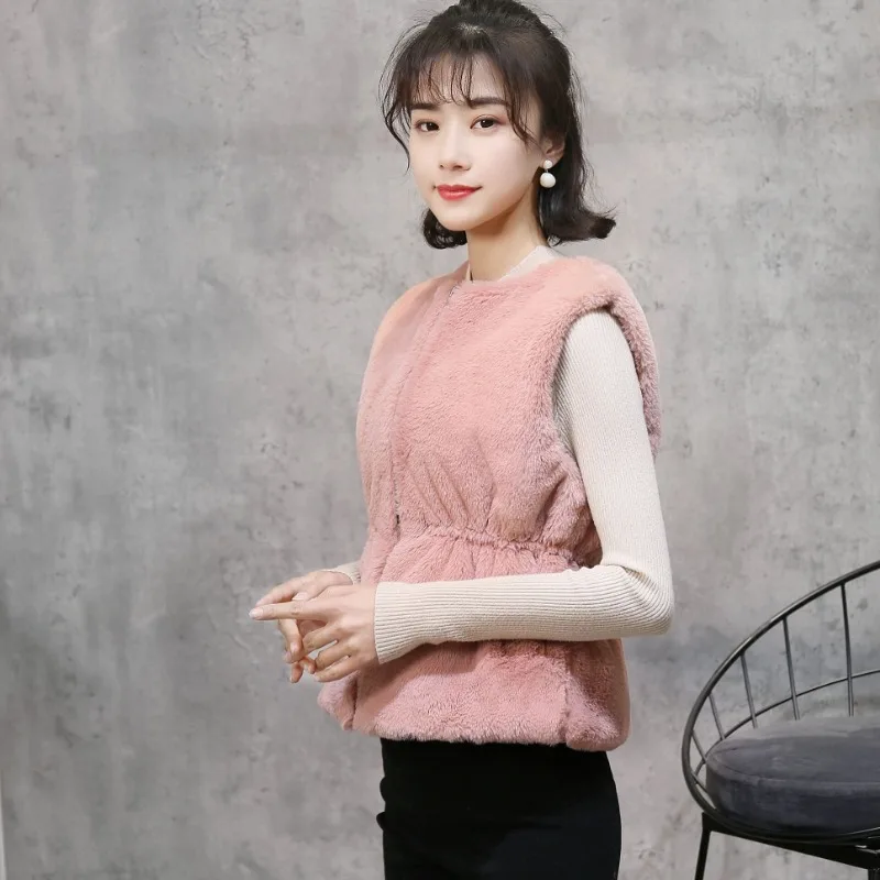 New Fall/Winter Fur Vests Warm Padded Fuzzy Waist-Cinched Vests Rabbit Fur Vest Chest-Protecting Back-Warming Vests for Women