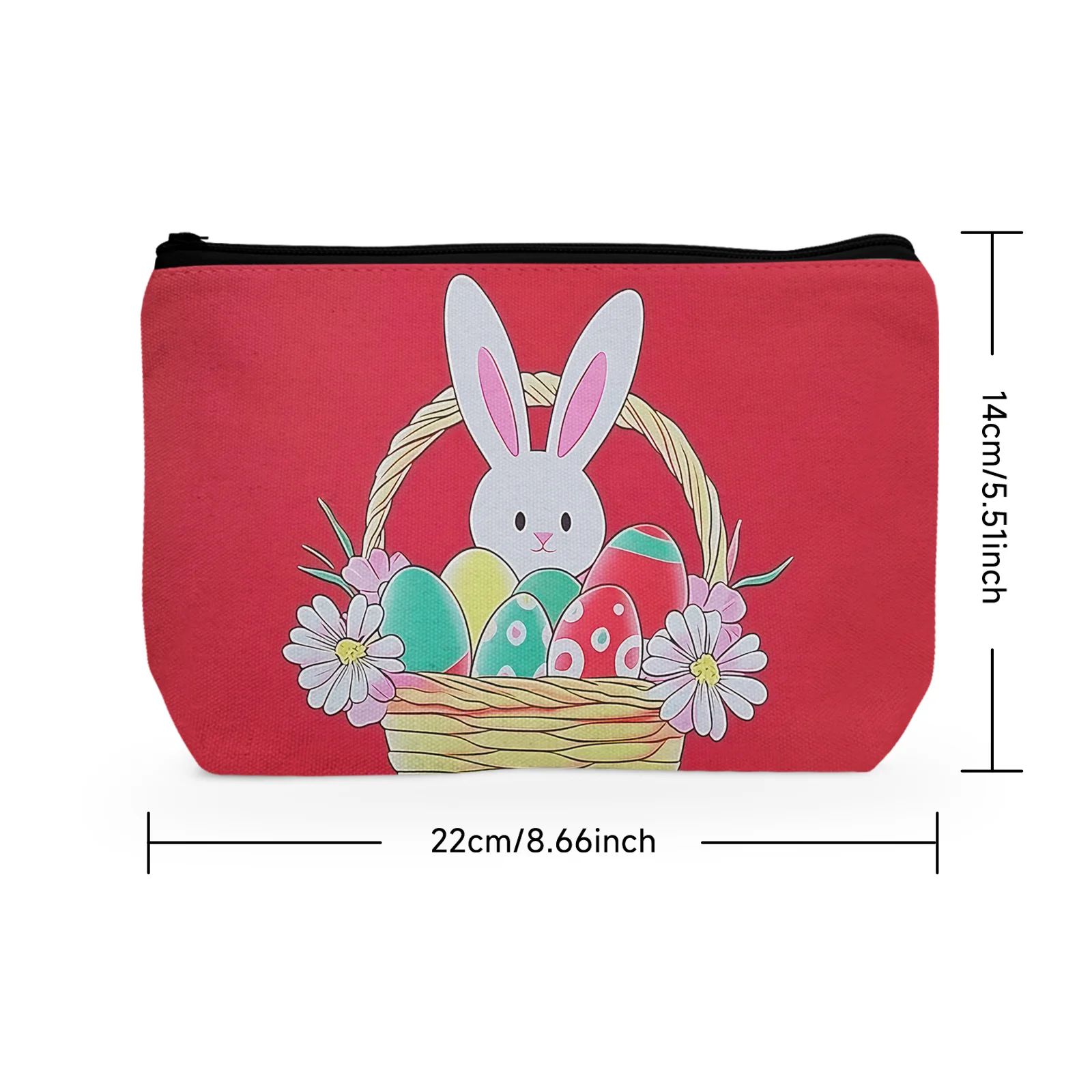 1Pc Happy Easter Eggs Cute Rabbit In Basket With Red Background Cosmetic Bags For Women Outdoor Travel Storage