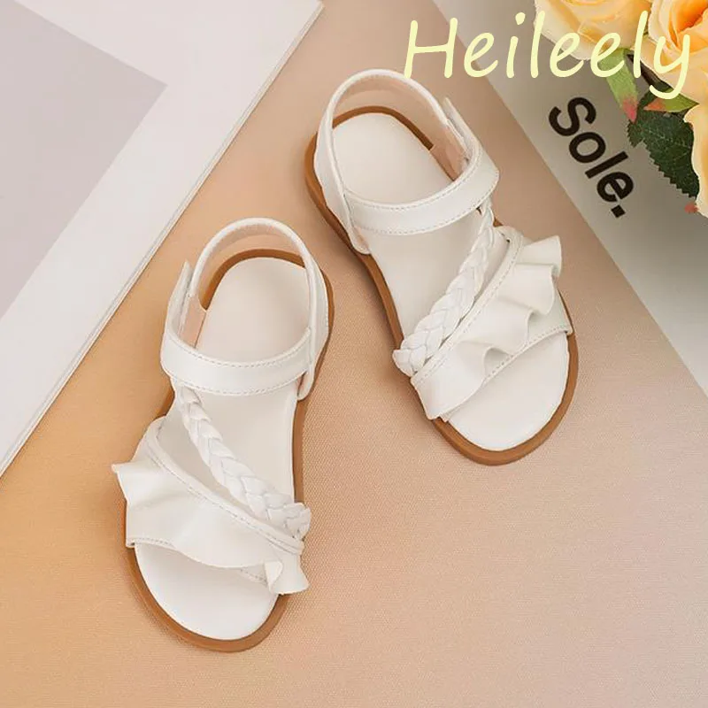 

2024 New Kids Shoes for Girl Open Toe White Color Rubber Buttom Flats Sandals 21 22 23