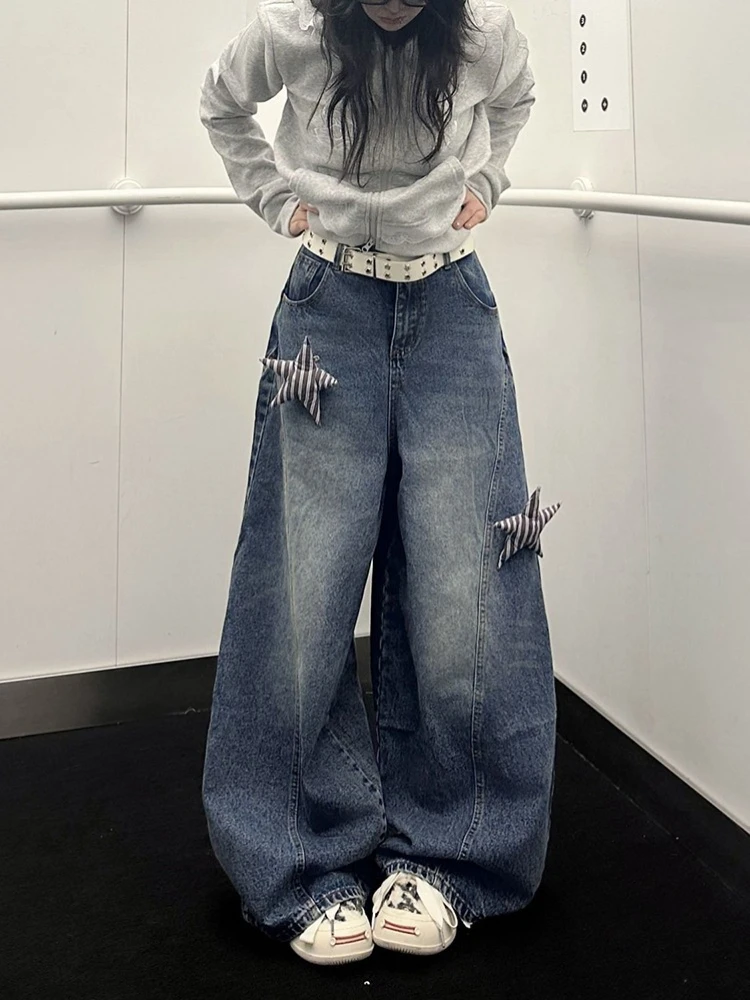 Three dimensional star decoration sticker washed curved knife straight leg cargo jeans women autumn new street loose pants