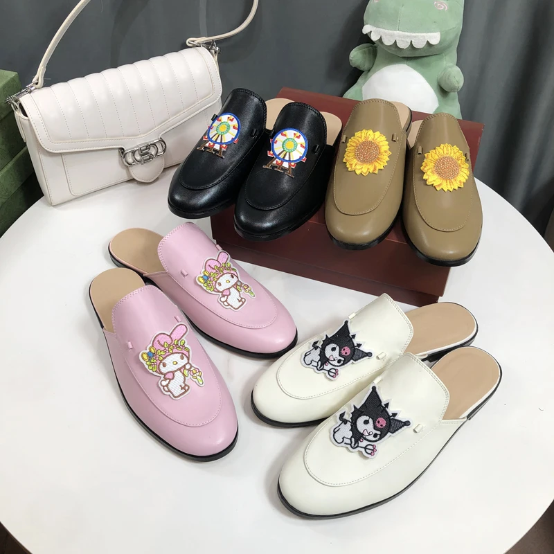 Casual lady Summer Sandals Mules  New Embroidered pattern Gold women\'s shoes Modern slippers flat shoes slippers Outdoor Slipper