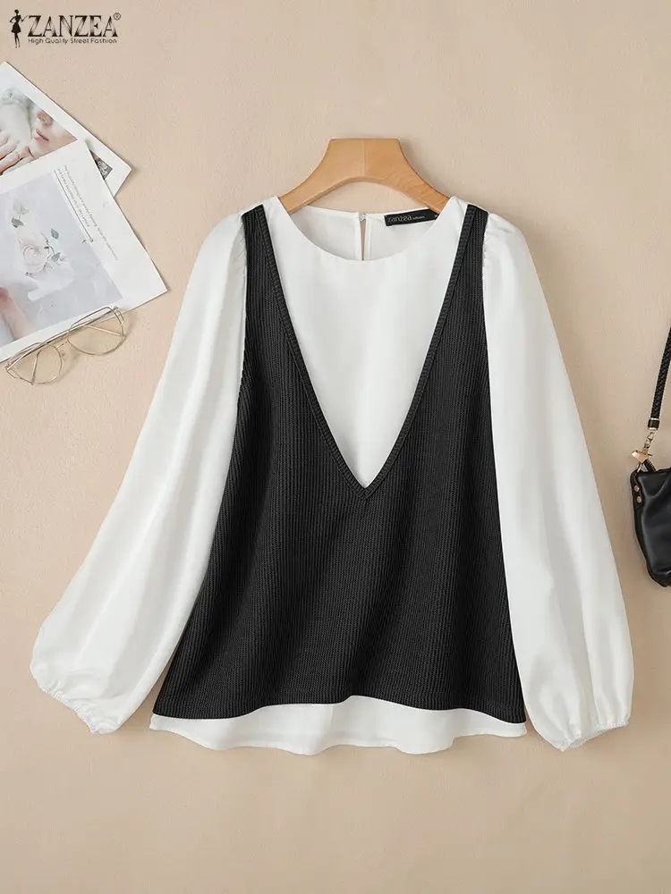 ZANZEA otoño tejido Patchwork blusa 2025 mujeres Blusas de manga larga femeninas Casual Tops elegante Oficina señora moda camisas