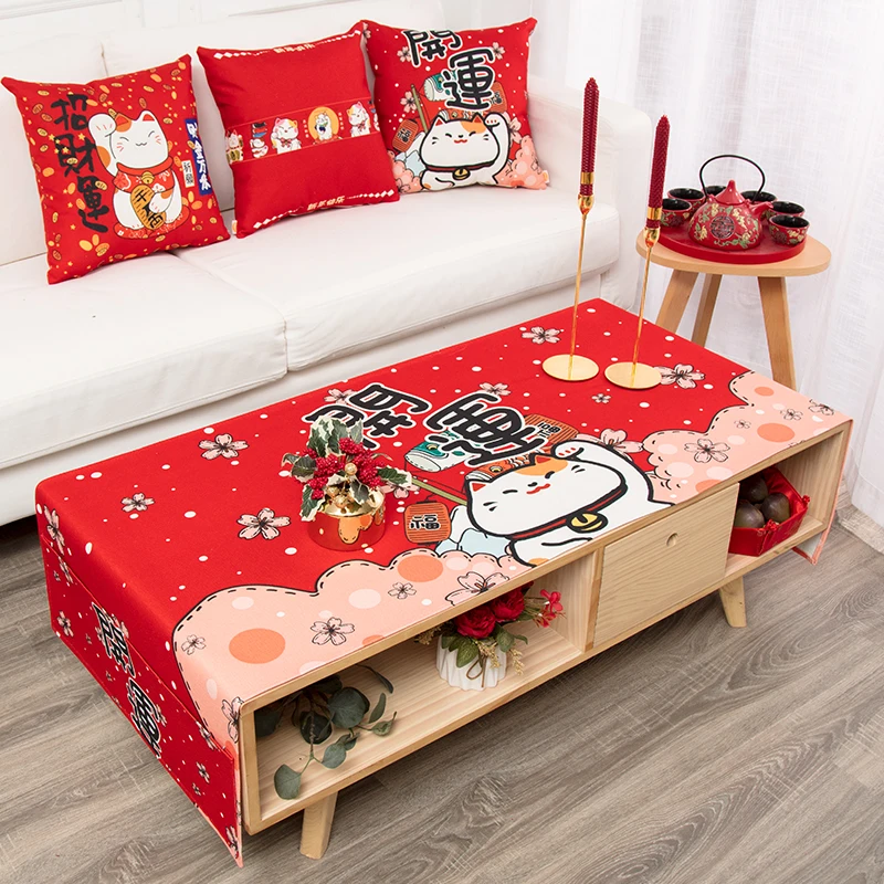 

Japanese Lucky Cat Tablecloth Red Cartoon Tea Table Cloth Household Living Room Rectangular Coffee Table Cloth with Storage Bag