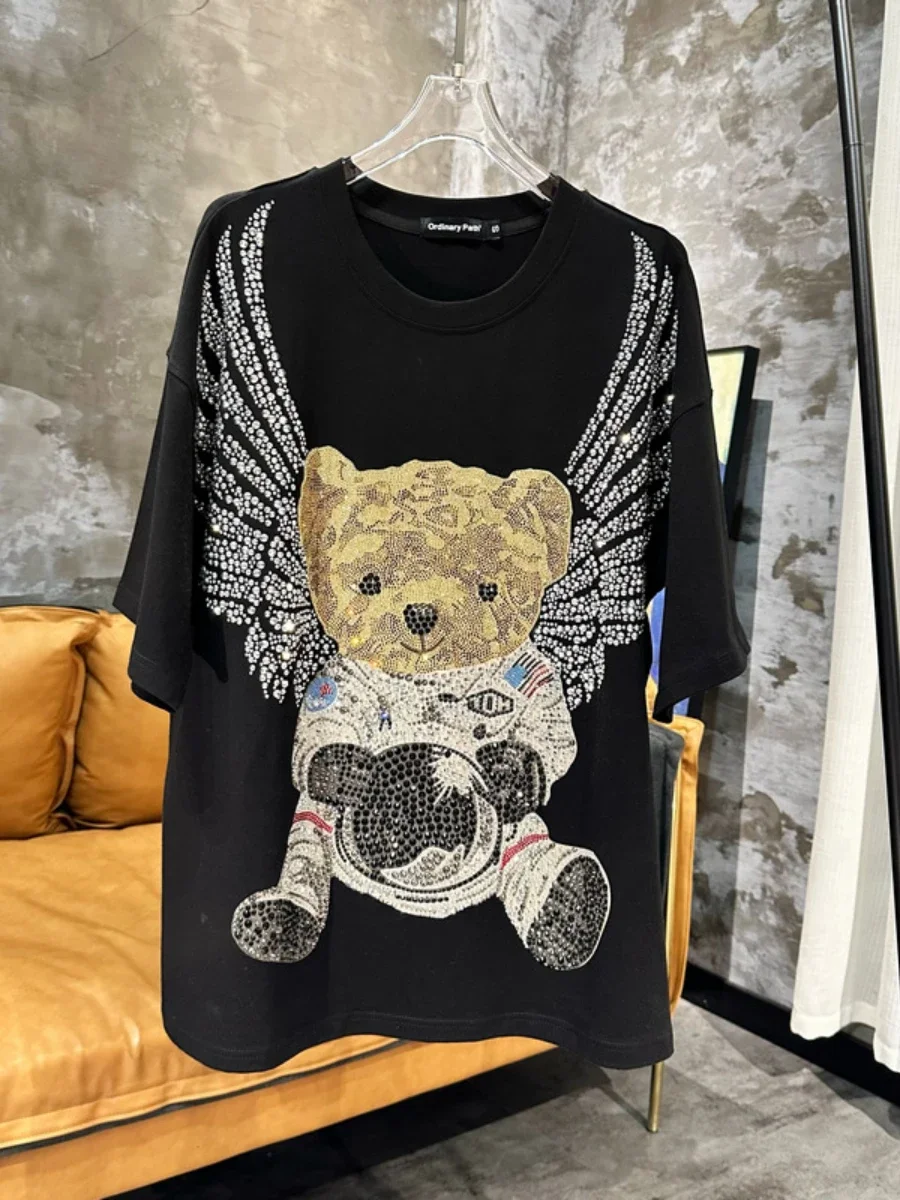 Fashion Hot Diamond Space Flying Bear Short Sleeve T-shirt Female 2023 Summer New Big Wings Black High Street Couple Style Top