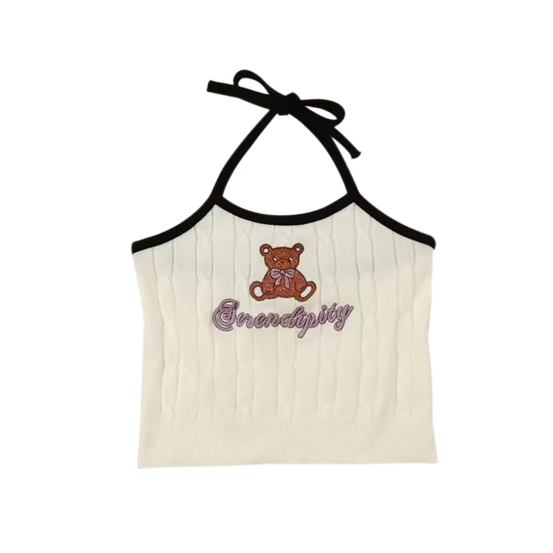 Women\'s Camisole Letter Bear Embroidery Knitted Tank Top Korean Version Camisole