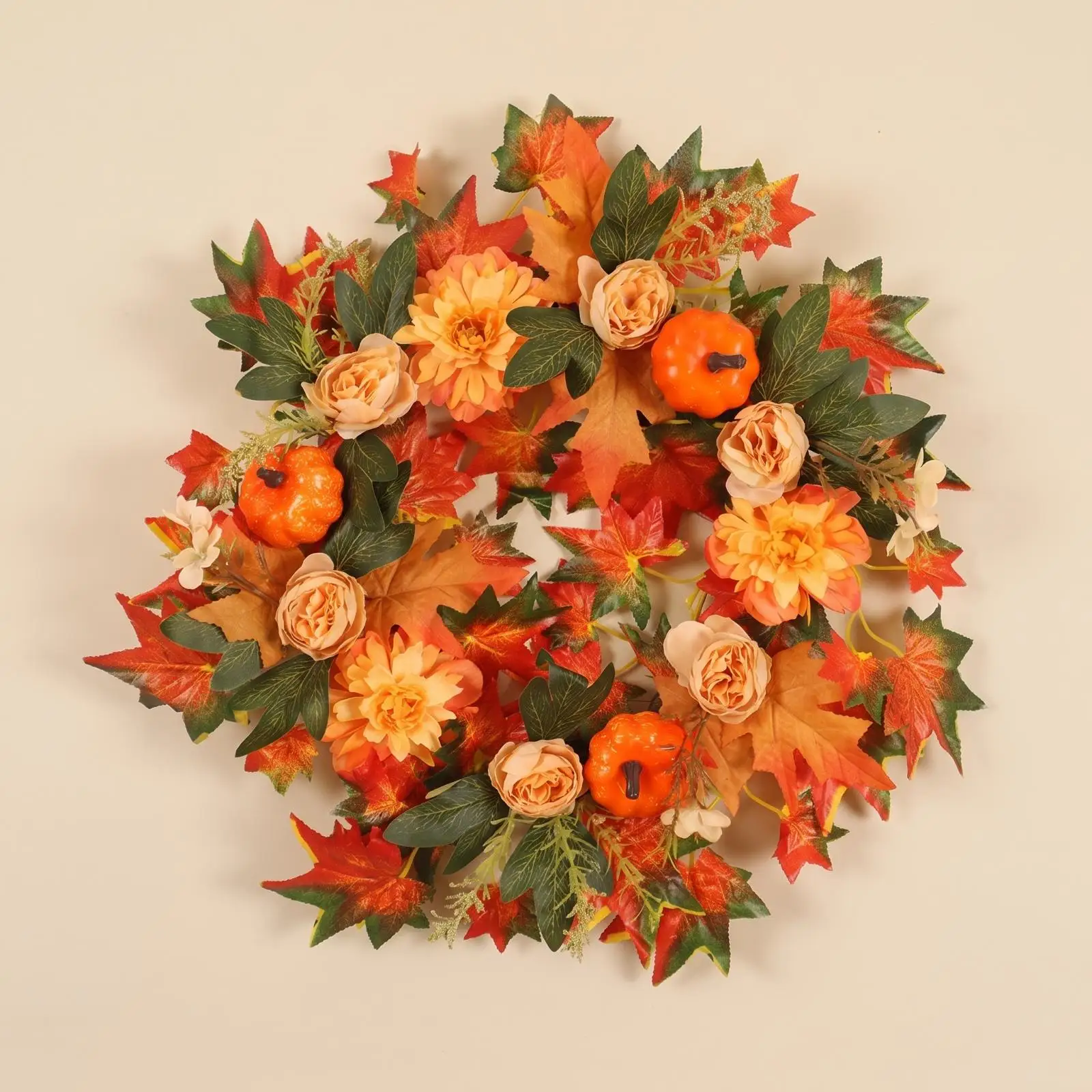 Mixed Color Autumn Wreath Artificial Vine and Plastic Flower Arrangement for Home Door Decor with Pumpkin Accents Seasonal