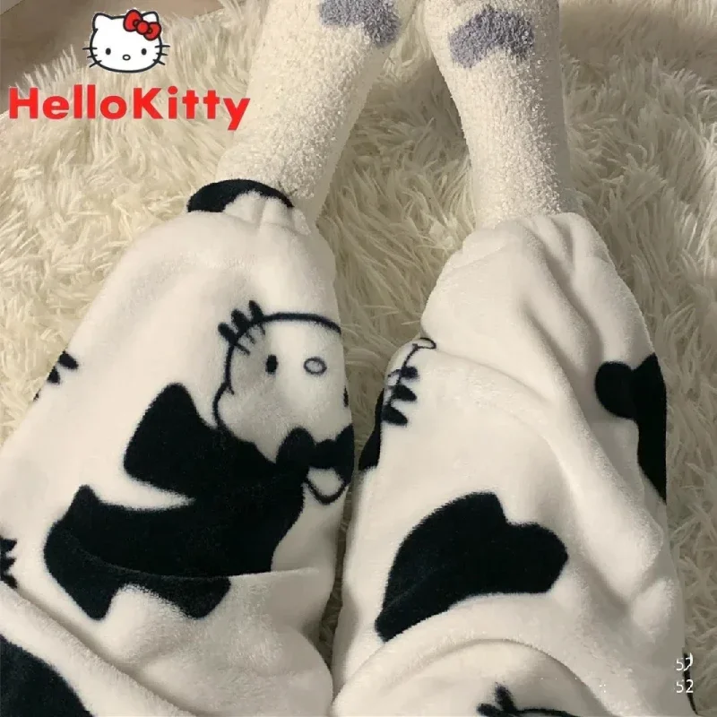 Hello Kitty Pajamas Pants Y2k Cartoon Black Cute Women Soft Plush Keep Warm Thickening Trousers Kawaii Female Casual Pant