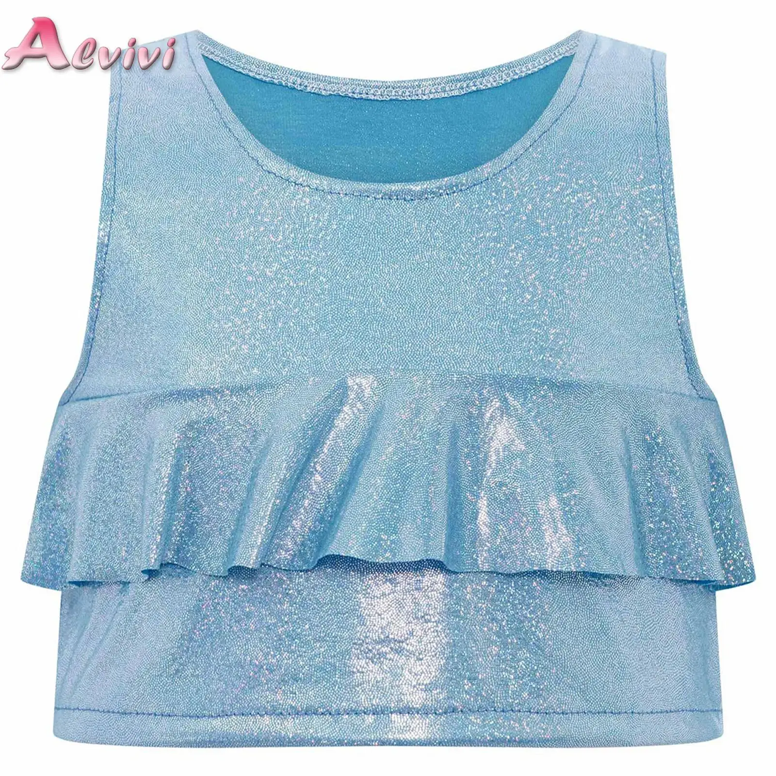 

Fashion Girls Metallic Crop Tops for Dancing Summer Sleeveless Ruffles Metallic Tank Crop Top Kids Dance Wear Children's Clothes