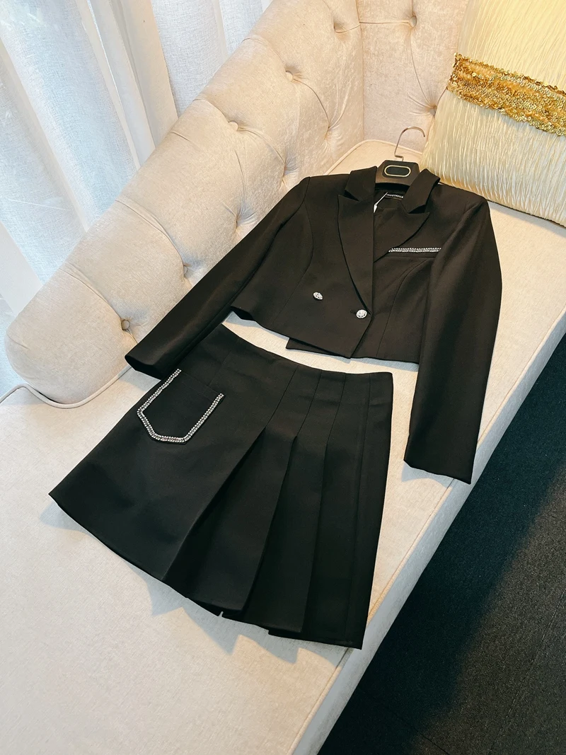 Women French Design Black Short Blazer Outerwear Pleated Skirt Set Autumn Suit OL New Arrival