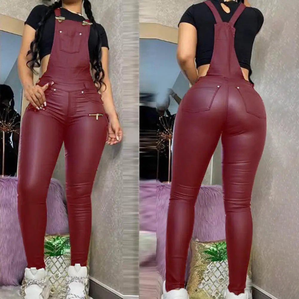 

Suspender Jumpsuit Popular Backless High Waist Imitation Leather Jumpsuit Slim Party Jumpsuit