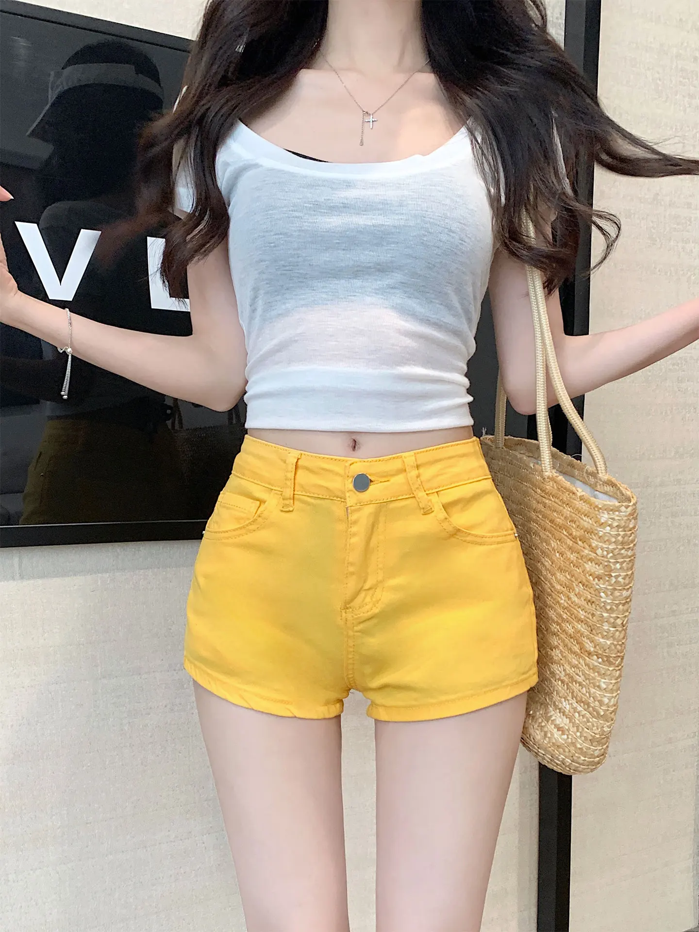 

Dopamine Yellow Pleated High Waist Denim Shorts Women Summer Small Size Sexy Bodycon Hot Pants Cotton Stretch Denim