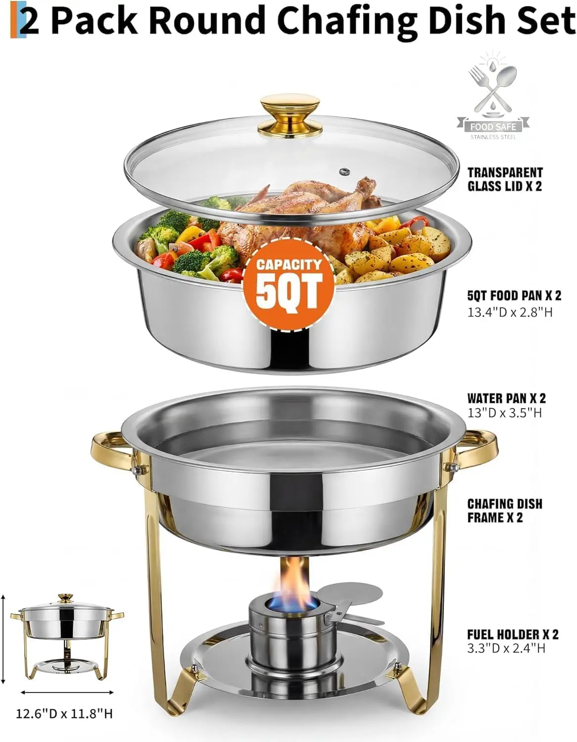 【Super Deal】5QT Round Chafing Dish Set, 4-Pack Stainless Steel Buffet Food Warmers