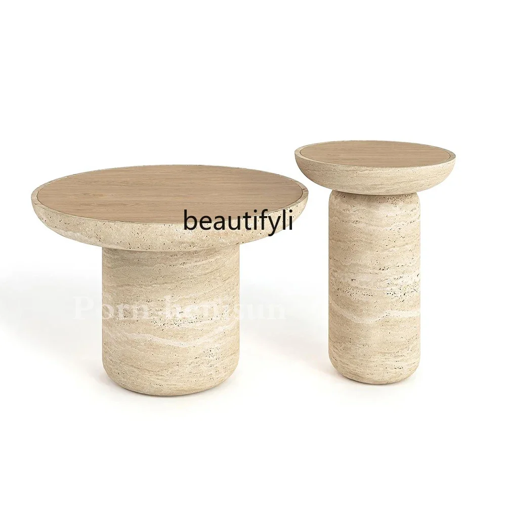 

New Nordic natural travertine round coffee table combination designer light luxury villa model room living room home